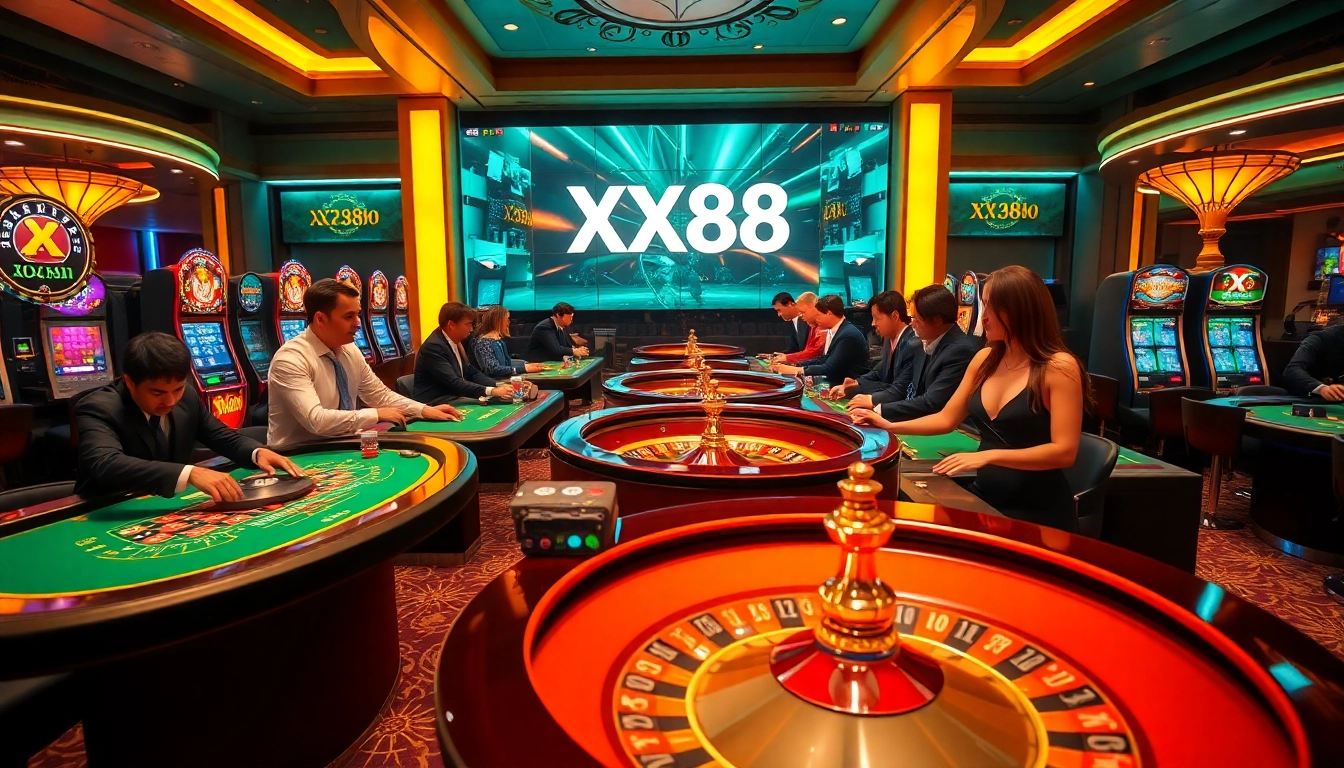 Engaging scene of professionals playing games at XX88 casino with vibrant lights and high-stakes action.