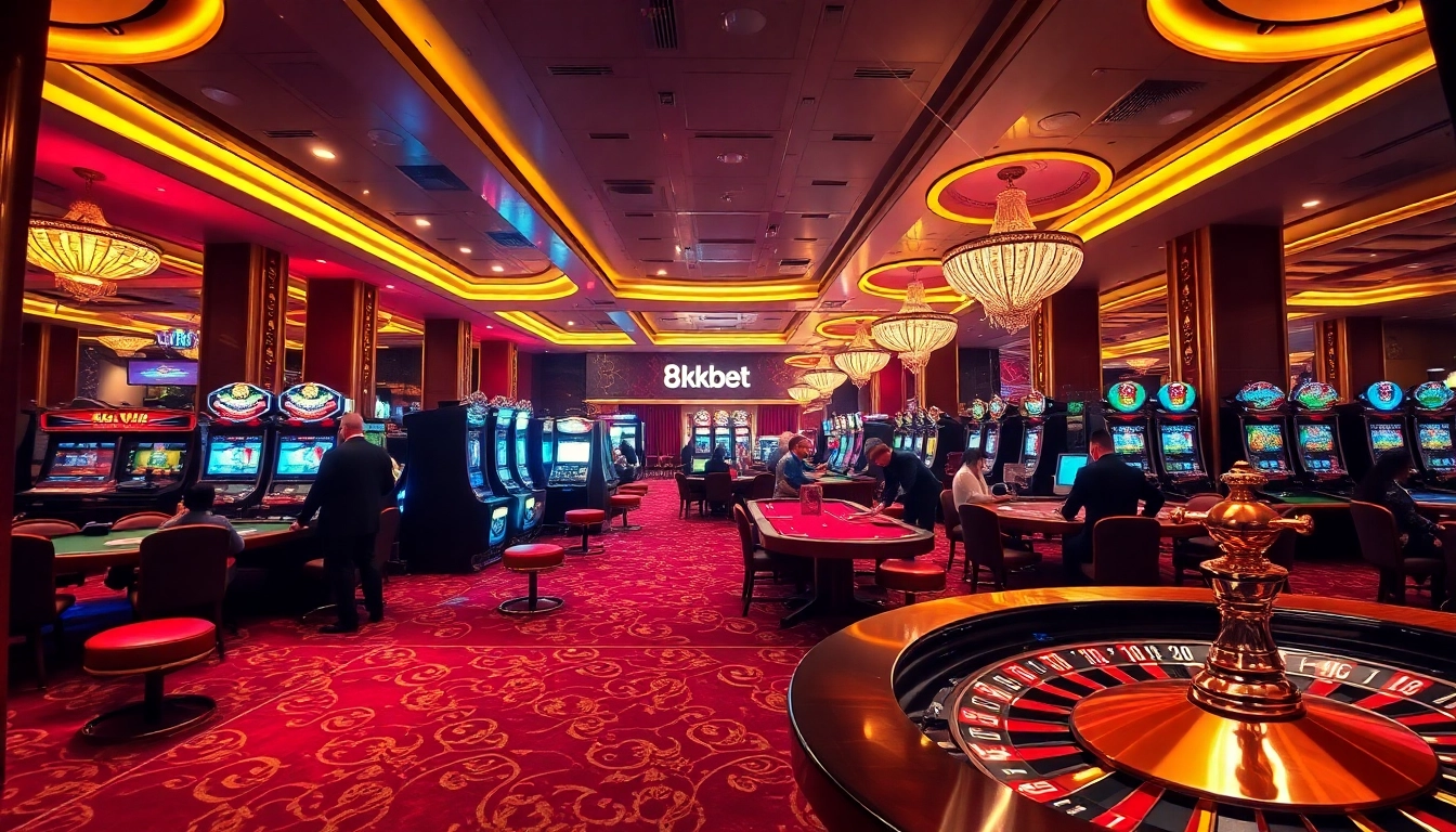Exciting casino atmosphere featuring 8kbet gaming tables, high-stakes poker, and vibrant slot machines.