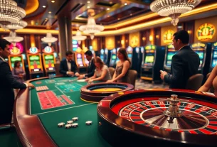 Players enjoying high-stakes games at 8DAY casino, featuring vibrant tables and exciting roulette.