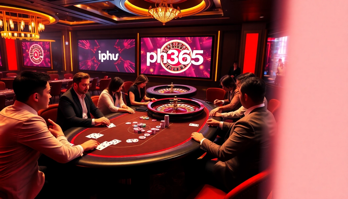 Experience the thrill of gambling with the ph365 casino scene featuring a vibrant poker table and roulette wheel.