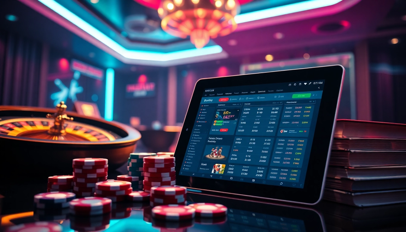 Gambling professionals engaging with betting odds on https://9keonhacai.com/ alongside poker chips and a roulette wheel.