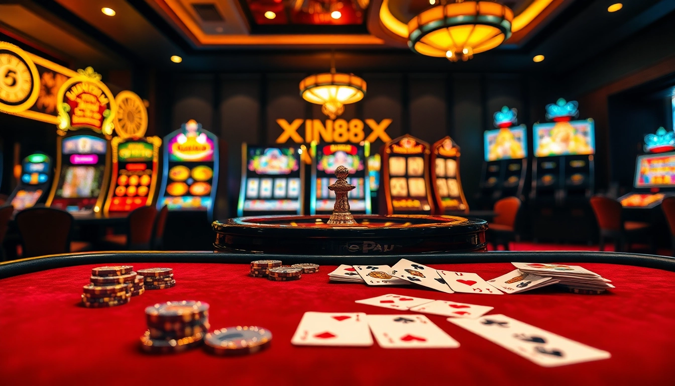 Experience the excitement of winning at Xin88 with elegant casino tables and vibrant slot machines.