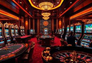 Experience thrilling gameplay with 123win at an elegant casino setup featuring poker and slot machines.