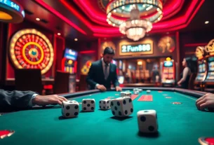 Exciting casino scene representing Fun88 with vibrant poker table, roulette wheel, and slot machines.
