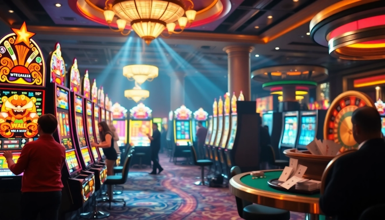 Players engaging with colorful slot gacor machines, winning excitement in a luxury casino setting.