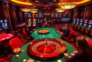 BEM88 gaming atmosphere with luxurious poker tables and vibrant slot machines in action.