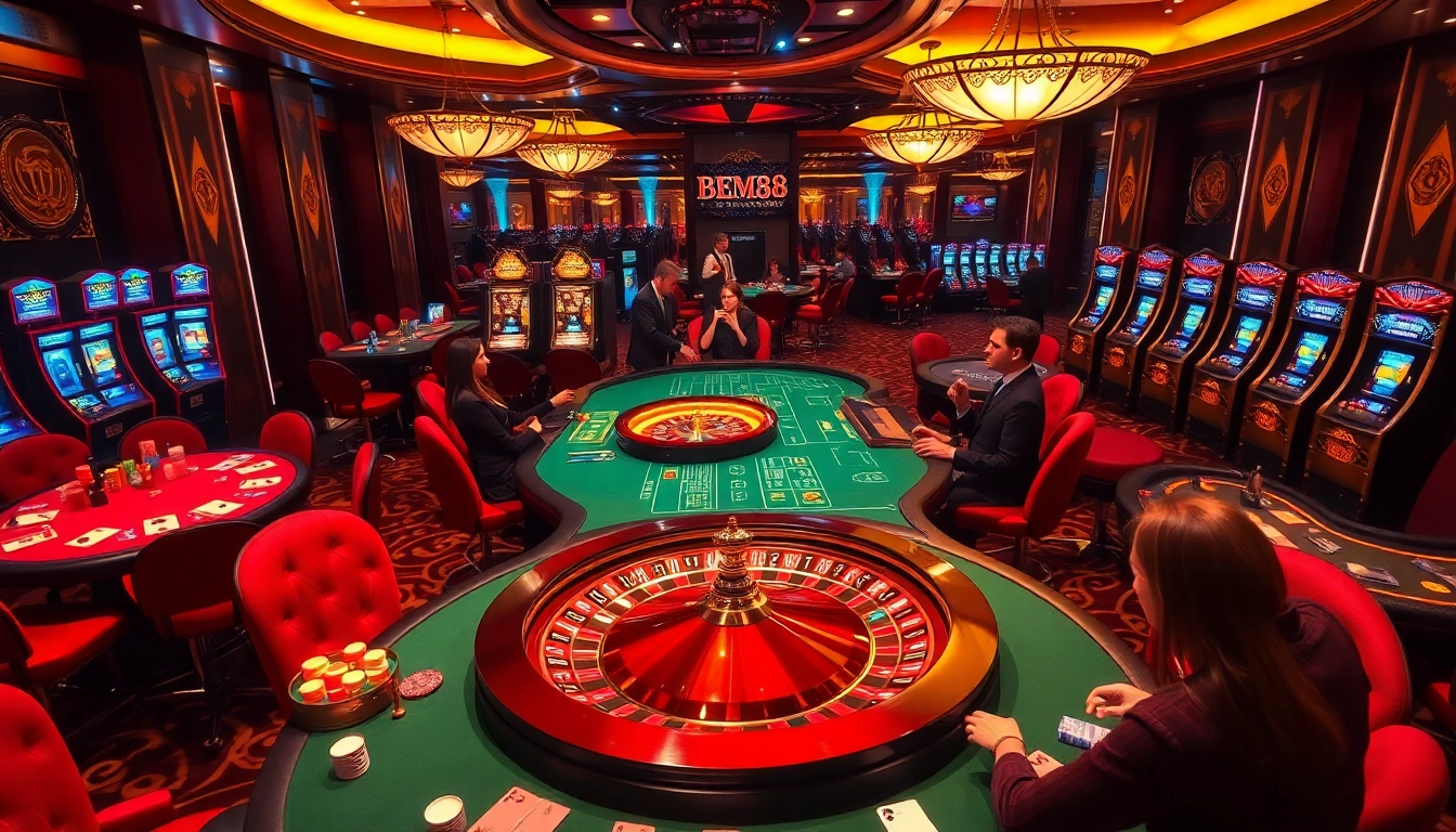 BEM88 gaming atmosphere with luxurious poker tables and vibrant slot machines in action.