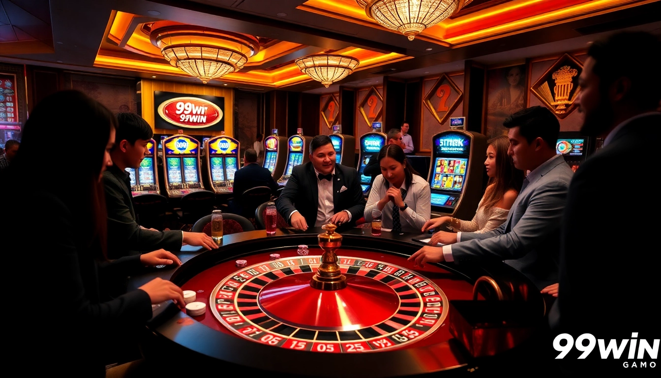 Experience thrilling action at a 99win casino with players engaged at a roulette table, showcasing excitement and luxury.