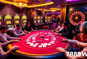 Experience high-stakes poker at 789Win with vibrant chips and a lively casino atmosphere.