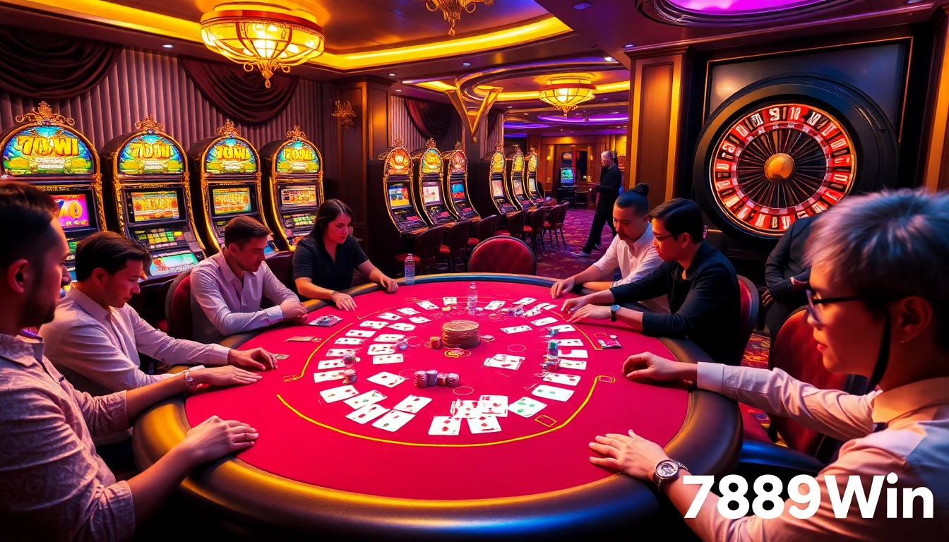 Experience high-stakes poker at 789Win with vibrant chips and a lively casino atmosphere.