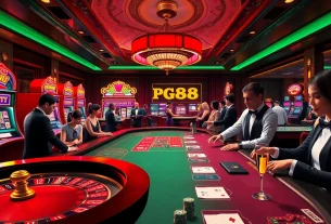 Players enjoying an exciting PG88 experience at a luxurious casino table with vibrant slot machines.