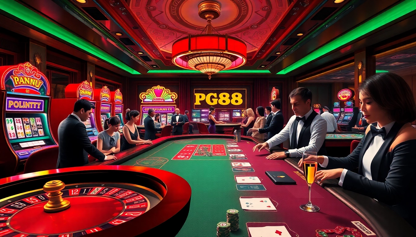 Players enjoying an exciting PG88 experience at a luxurious casino table with vibrant slot machines.