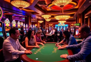 K88 casino scene with players engaged in poker and colorful slot machines.
