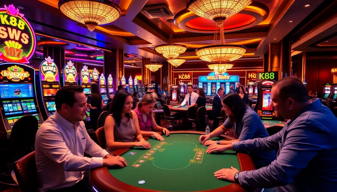K88 casino scene with players engaged in poker and colorful slot machines.