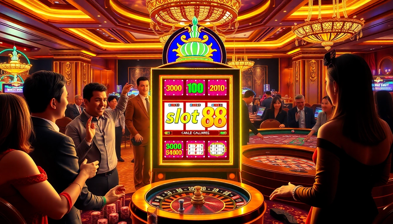 Exciting gaming action at slot88 casino with players celebrating wins on slot machines.