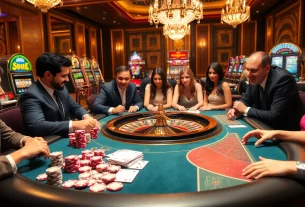 Exciting scene of players engaging at a surewin casino table with vibrant chips and cards.