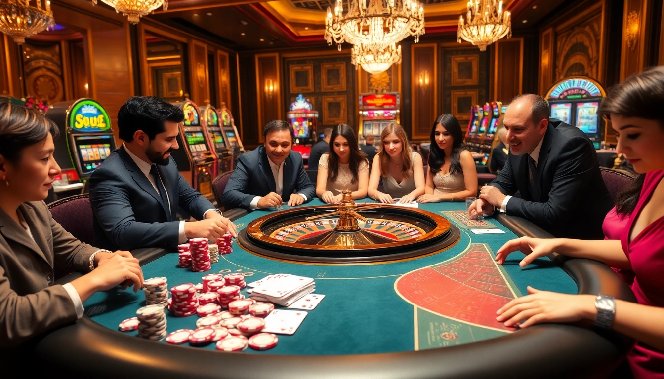 Exciting scene of players engaging at a surewin casino table with vibrant chips and cards.