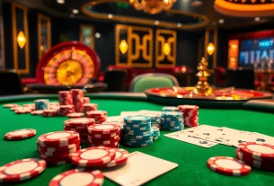 Exciting HDBET poker game at a luxurious casino table with vibrant poker chips and cards.