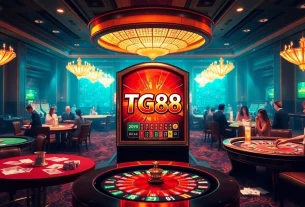 Experience the excitement of TG88 while playing on a luxurious slot machine in this vibrant casino scene.