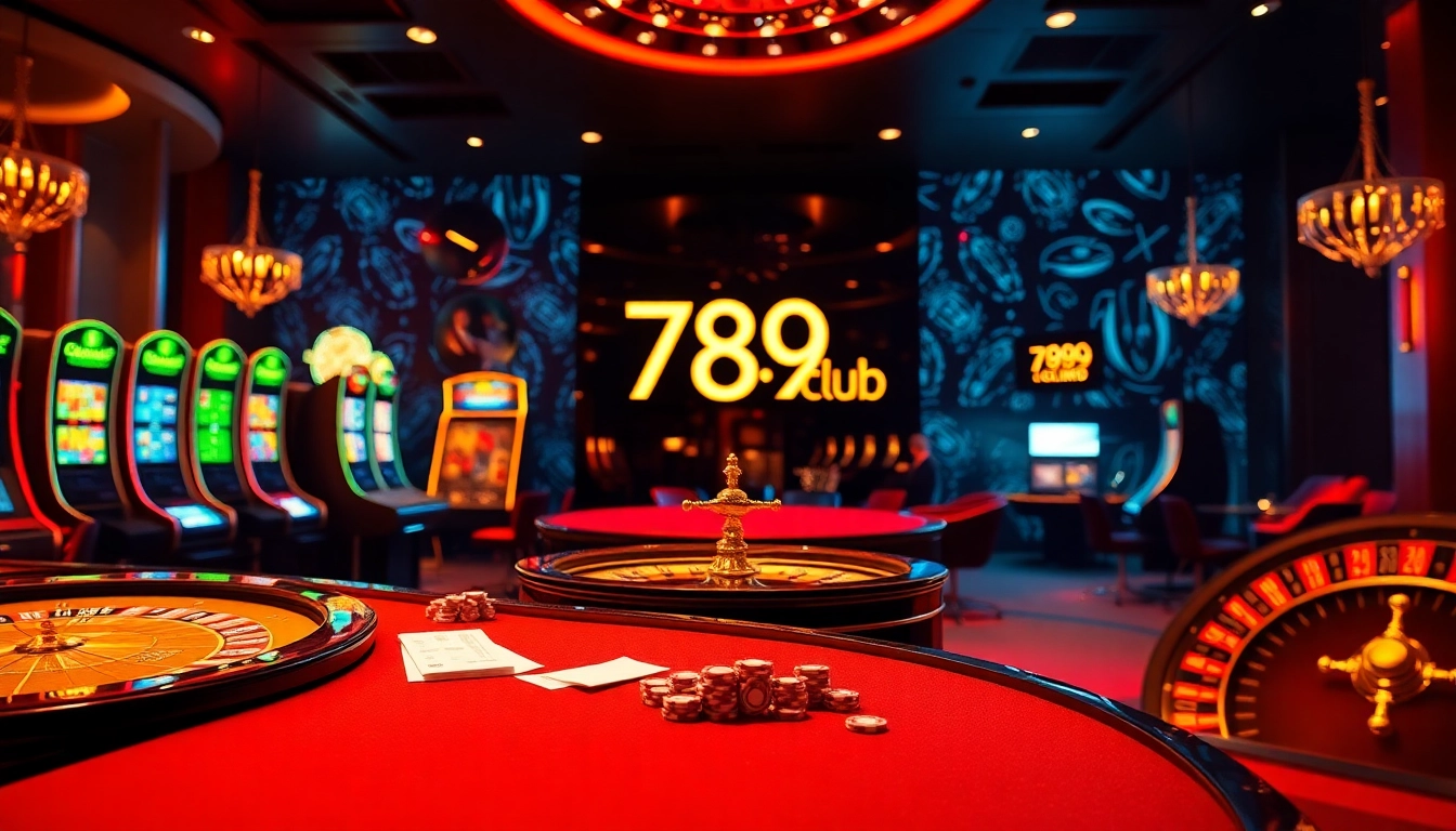 Experience thrilling gameplay at 789club with vibrant casino visuals featuring poker tables, slot machines, and roulette wheels.