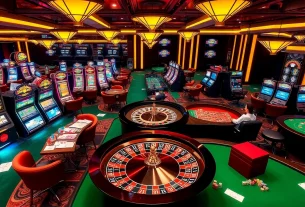 Hello88 casino scene with active poker table, vibrant slot machines, and a roulette wheel.