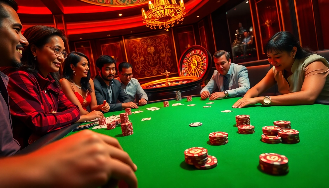 Players enjoying a thrilling poker game at bem88 casino, vibrant chips and cards in action.