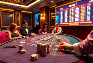 SBOBET gaming table with elegant players placing bets at a luxurious casino.