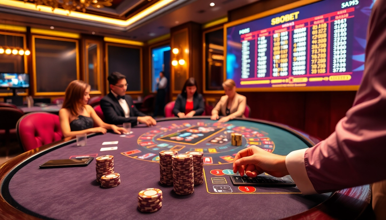 SBOBET gaming table with elegant players placing bets at a luxurious casino.