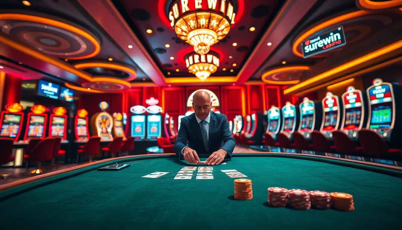 Experience the thrill of gameplay at surewin's luxurious online casino, featuring vibrant slot machines and poker tables.