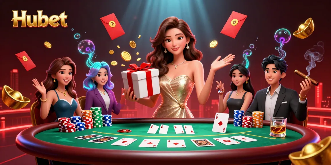 Engage with Hubet's festive casino theme featuring a stunning Asian woman in a sparkling gown.