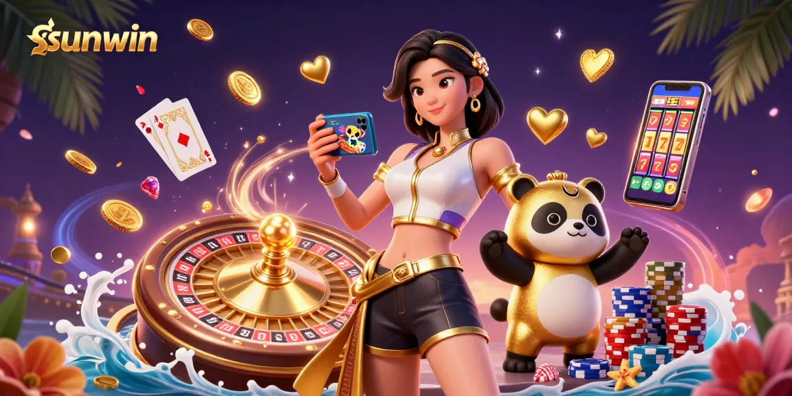 Experience sunwin with immersive gaming, featuring dynamic 3D illustration of casino action.