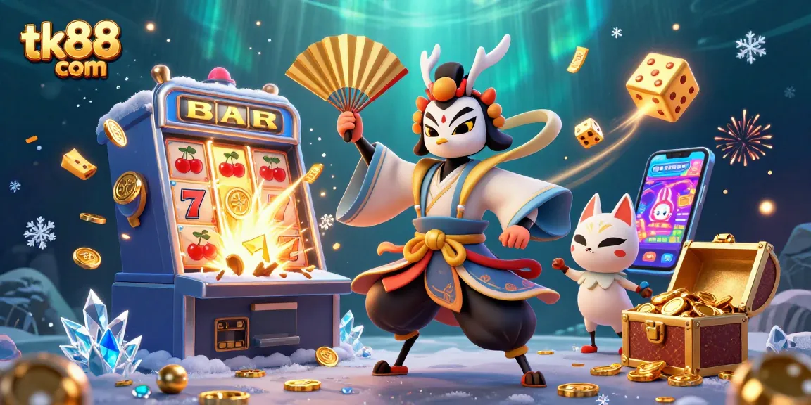 Spin the reels at tk88 com, showcasing vibrant characters and countless casino games in a dazzling scene.