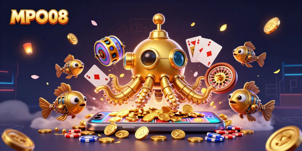 Experience thrilling wins with MPO08's vibrant slot game scene featuring golden kraken and dynamic casino elements.