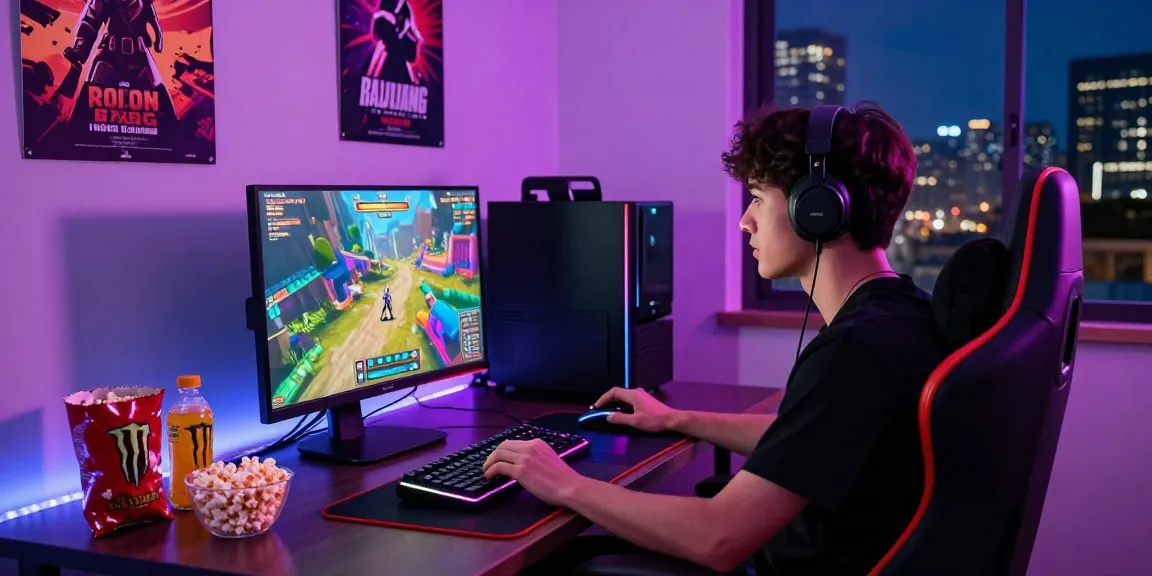 Raja Game login scene featuring a gamer at a desk with colorful graphics, gaming gear, and an urban skyline at night.