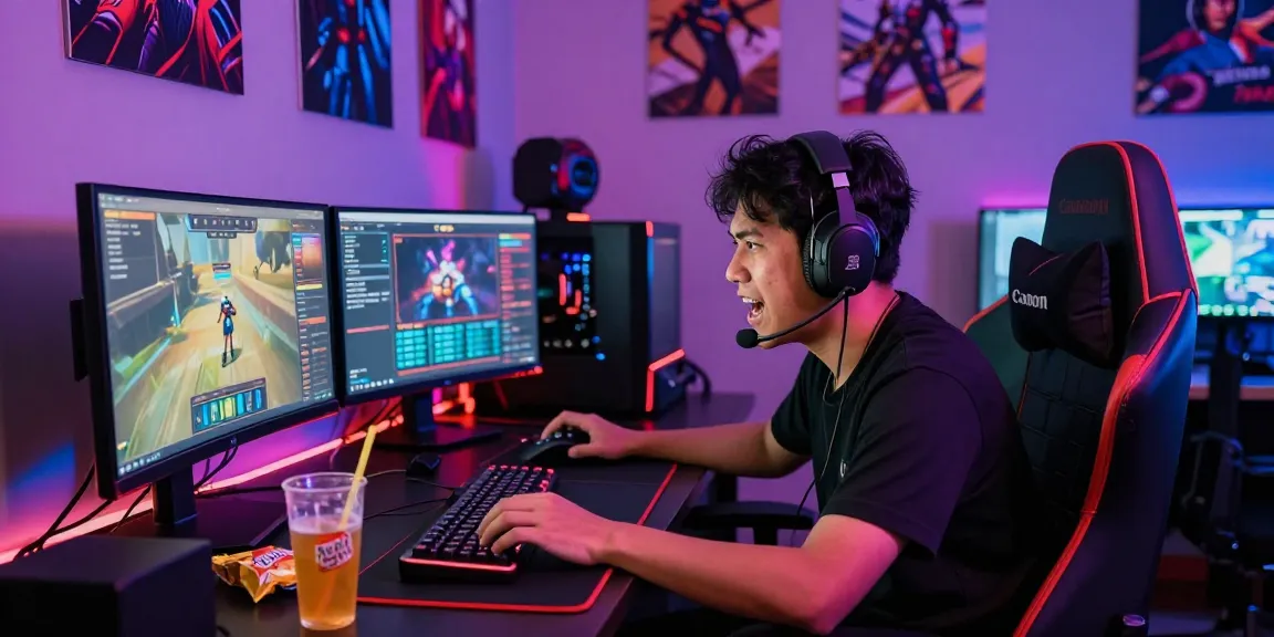 Gamer yang terjun4d dengan fokus tinggi di ruang permainan berwarna-warni.